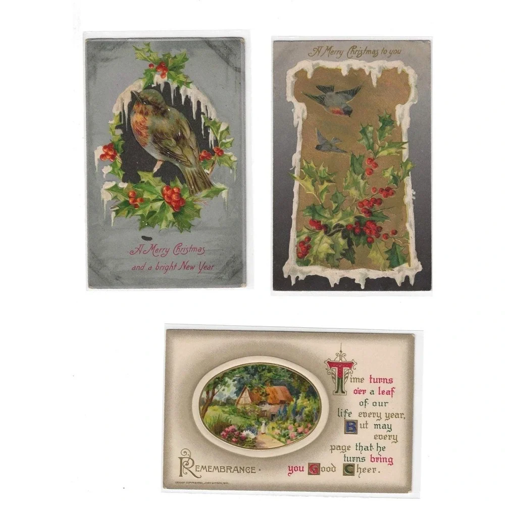 Set of 14 Antique Postcards Christmas Santa Turkey Gold Birds‎ Bells Snow Easter